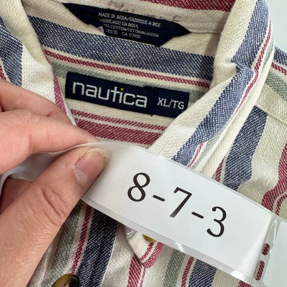 Nautica Shirt Mens X Large Blue White Red Striped Denim Button Down Vintage - Picture 3 of 7